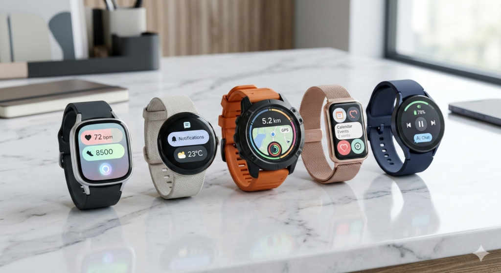 Cinco smartwatches modernos de 2026 alinhados sobre uma mesa de mármore, exibindo interfaces de saúde e inteligência artificial.