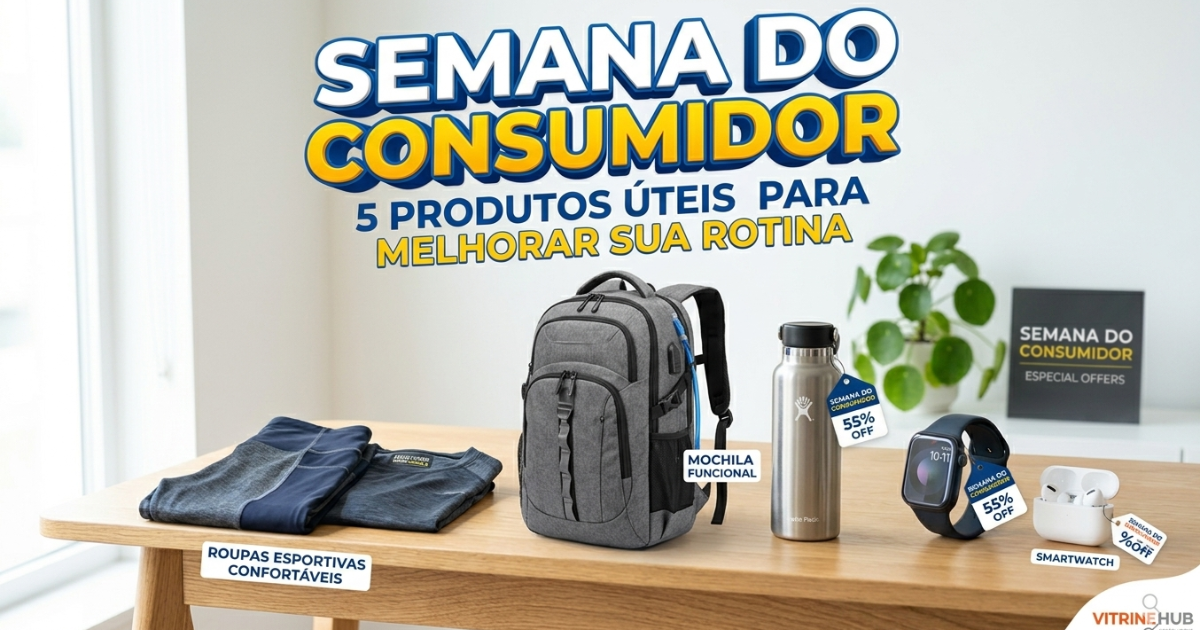 Produtos em oferta na Semana do Consumidor organizados sobre uma mesa, incluindo smartwatch, fone de ouvido, mochila funcional, garrafa térmica e roupas esportivas, com o título 'Semana do Consumidor: 5 Produtos Úteis para Melhorar Sua Rotina' em destaque